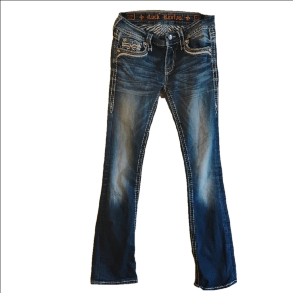 Rock Revival Blue Boot Cut Jeans with Decorative Stitching